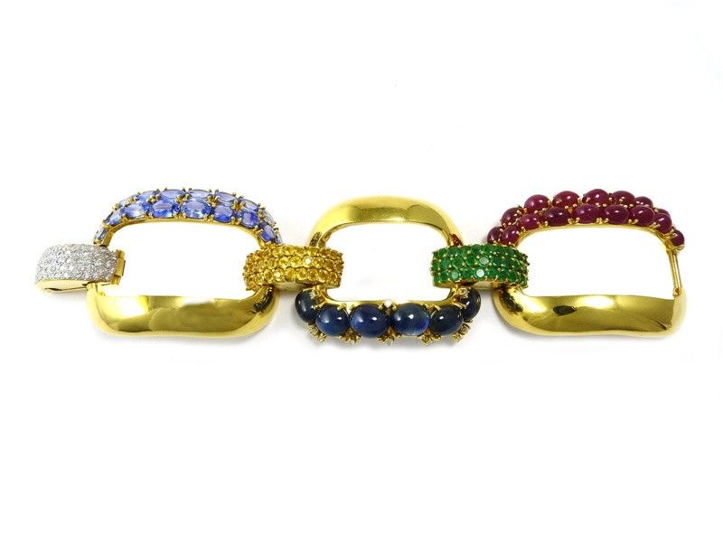 Bracciale a Tre Maglie in Oro Giallo, Zaffiri, Rubini, Smeraldi e Diamanti