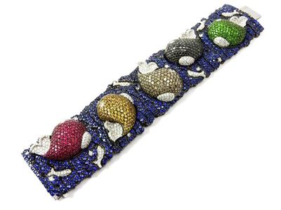 Bracciale in Oro Bianco Brunito, Zaffiri, Rubini e Zaffiri Gialli, Diamanti Incolori, Brown e Ner...