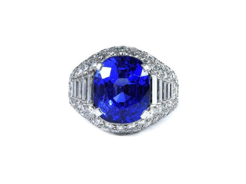 Anello in Platino, Zaffiro Naturale e Diamanti