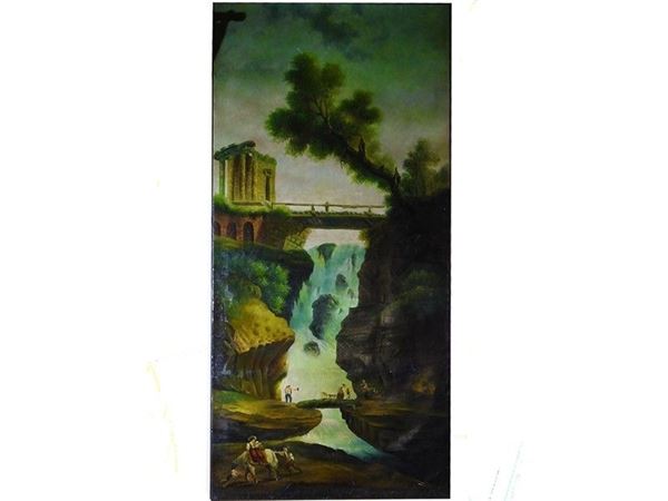 Paesaggio fluviale con veduta di cascata e personaggi