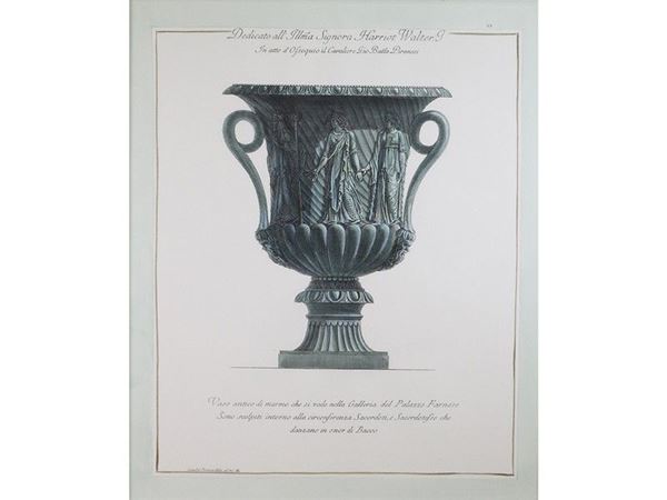 Marble Vases, pair of watercoloured engravings