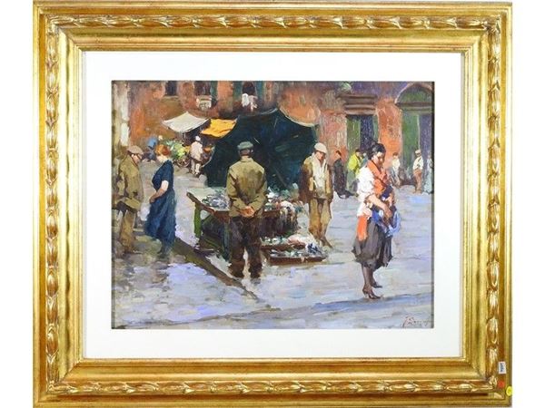 View of a Market with Figures, oil on panel