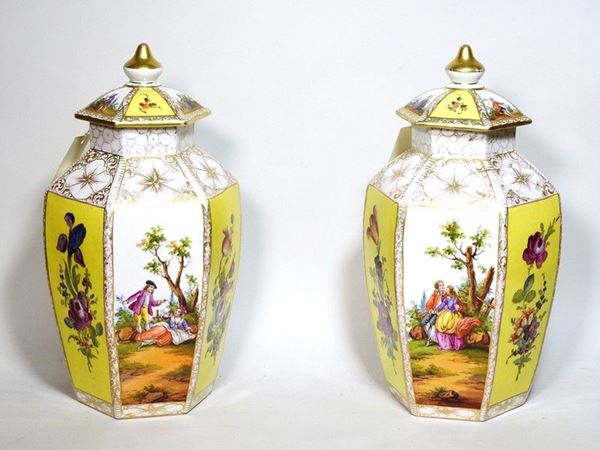 Pair of Painted Porcelain Lidded Vases, early 20th Century