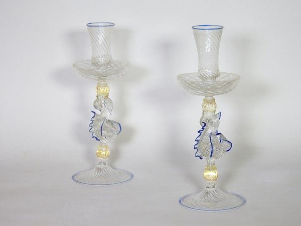 Coppia di candelieri in vetro soffiato