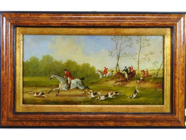 Fox Hunting, pair of oil paintings on copper
