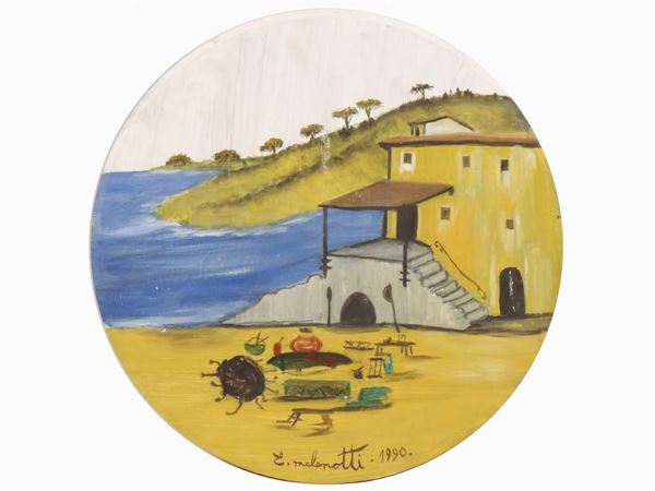 Emilio Malenotti : Paesaggio marino con scorcio di casa 1990  ((1913-1999))  - Asta Déballage: Interni e Curiosità - I - Maison Bibelot - Casa d'Aste Firenze - Milano