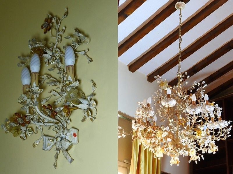 Lampadario Floreale in Metallo Laccato Bianco