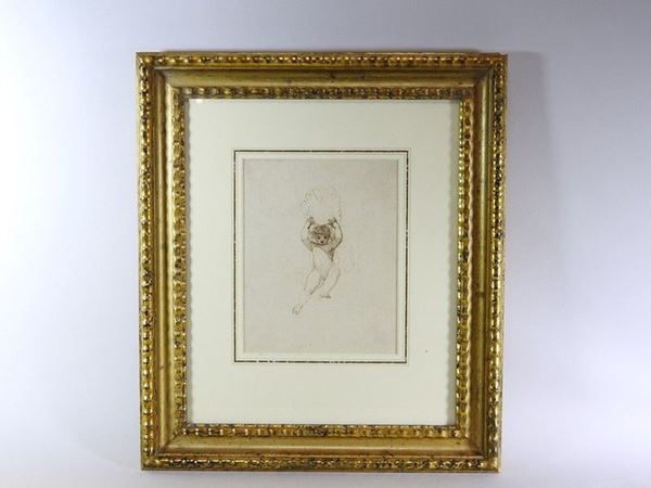 Tuscan School of late 17th/early 18th Century, Study for a Putto Holding a Cartouche, brown ink on paper