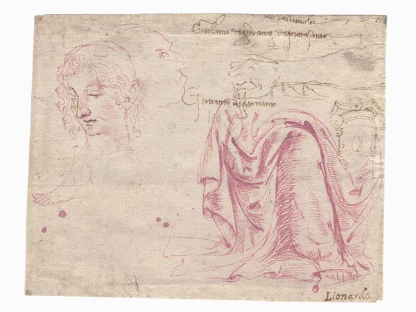 Imitatore di Leonardo da Vinci - Studi di teste, braccio, panneggio e di un capitello