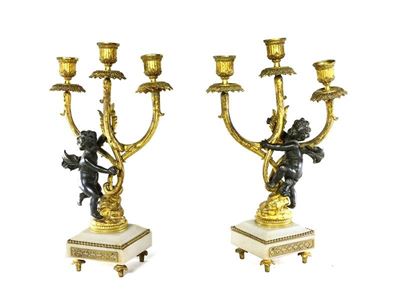Coppia di Candelabri in Metallo Dorato e Patinato