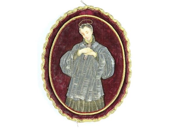 Embroidered Panel with a Devotional Figure of a Saint