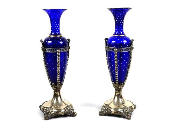 Pair of Blue Glass and Metal Vases