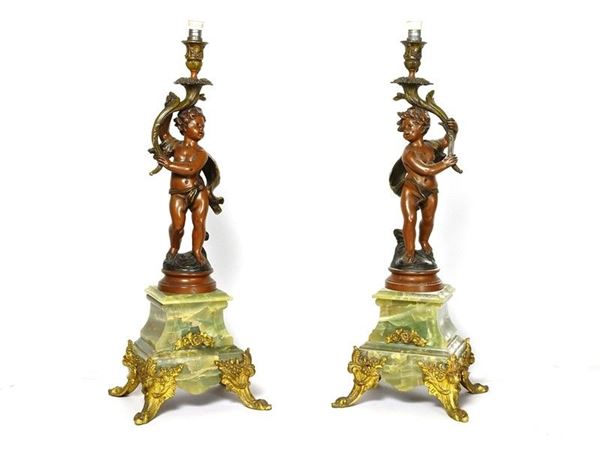 Pair of Patinated Metal Candlesticks Converted Into Lamps