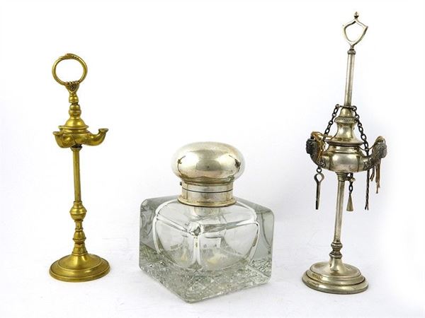 Two Florentine Table Lamps and a Crystal Inkwell