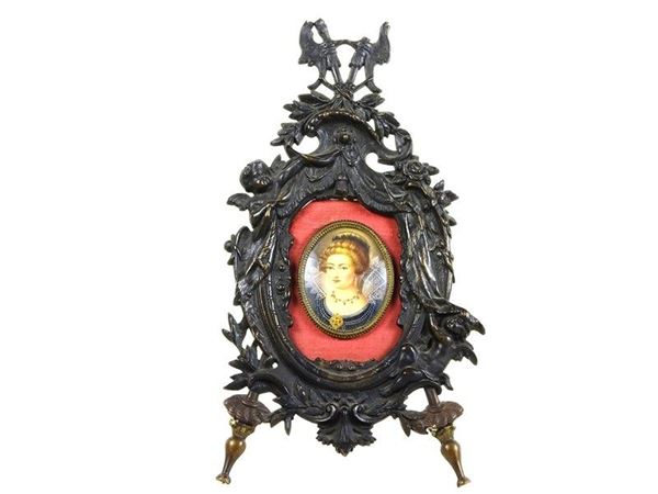 Cast Iron Frame with Painted Miniature of a Lady