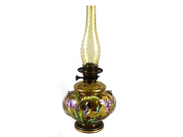 Painted Blown Glass Oil Lamp