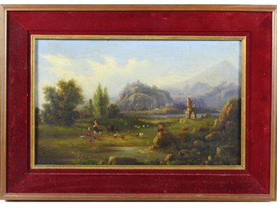 Paesaggio Campestre con Veduta di Paese Arroccato, Personaggi e Armenti