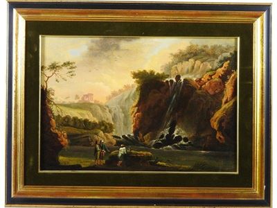 Paesaggio Fluviale con Veduta di Cascata e Personaggi