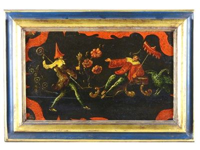 Pannello Dipinto con Drã´lerie di Personaggi Abbigliati All'orientale