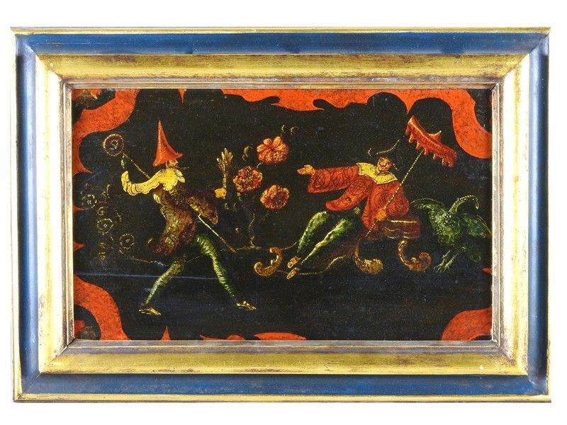 Pannello Dipinto con Drã´lerie di Personaggi Abbigliati All'orientale